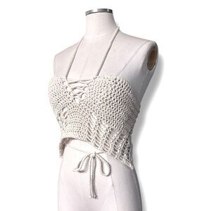 MORA Ivory Crochet Cropped Lace Up Halter